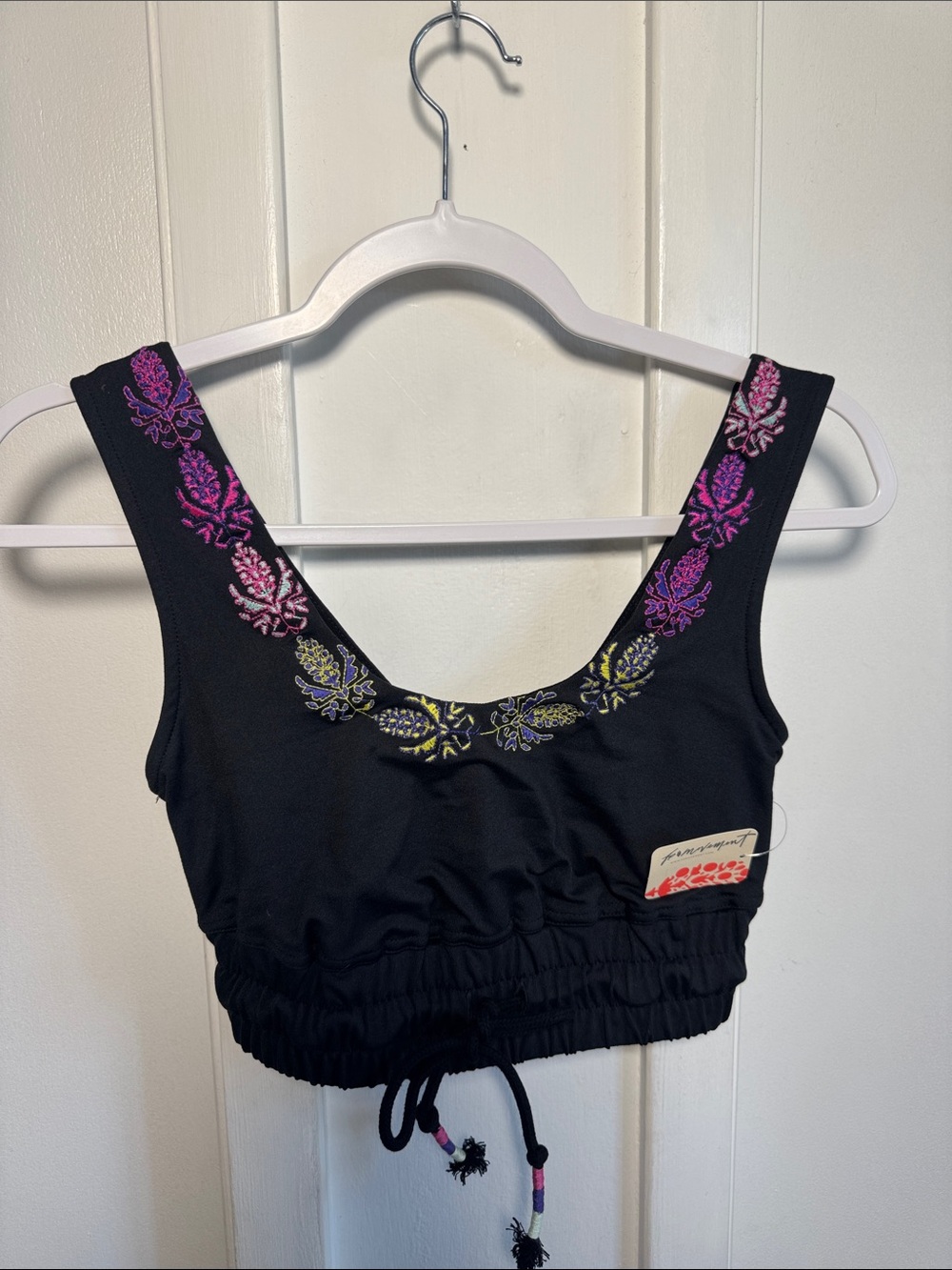 Embroidered Black Cropped Tank Top with Pink & Purple Accents
